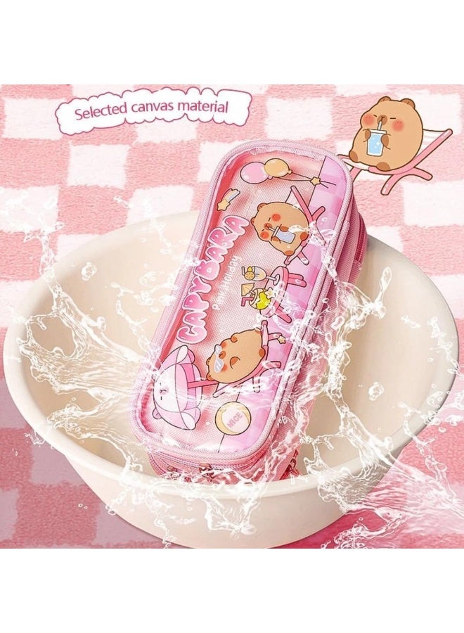 شنطة اقلام رصاص شفافة من القماش بسعة كبيرة بطباعة كرتونية لطيفة مع ثلاث اقسام لتنظيم الادوات المكتبية متعددة الوظائف بتصميم سحاب متين (دببة لطيفة) - Image 3